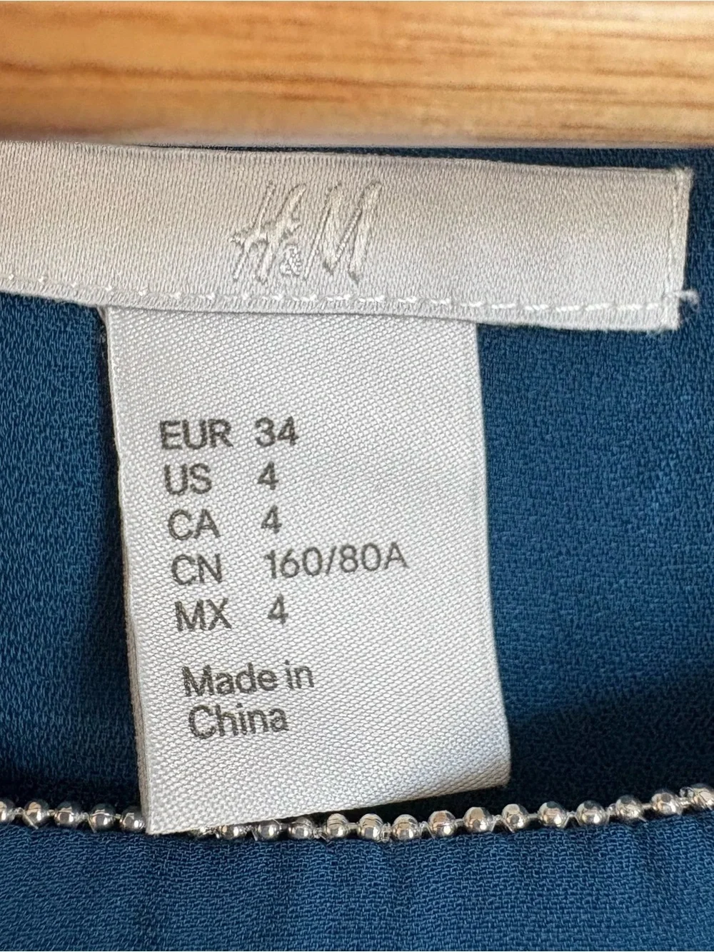 H&M Teal/Blue Dress, Self-Tie Waist, Beaded Neckline/Cuffs, Size 4 - Picture 6 of 8